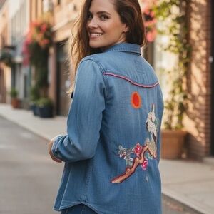 Rare Holding horses Anthropologie heron crane embroidered denim top size S